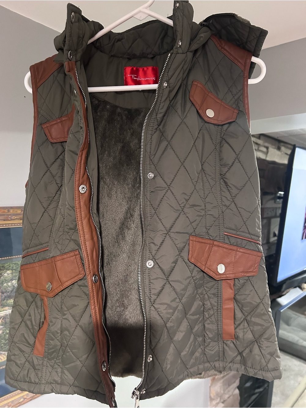 Fashionomics Olive Quilted Hooded Vest with Brown Trim Accents